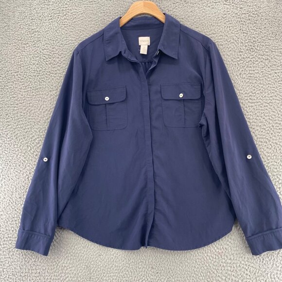 Chicos Shirt Womens 2 US Large Navy Long Roll Tab Sleeve Button Pockets Collar - Picture 1 of 13